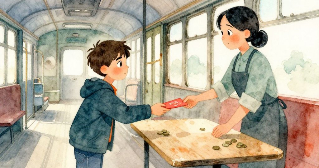 伊萊亞斯與攤販在磁石桌前完成筆記本與硬幣的交換，珍貴筆記本終得回歸，充滿重逢與滿足的喜悅。