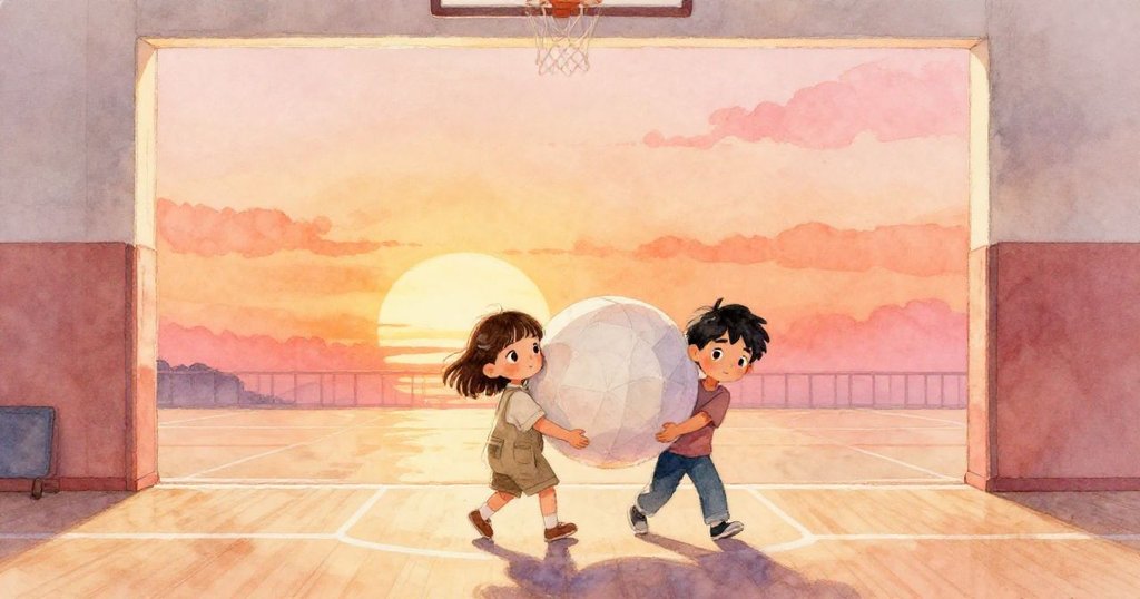 Maya 與 Ben攜帶紙球走進空曠體育館，充滿期待與興奮，光影溫暖，入口處金橙色陽光灑落。