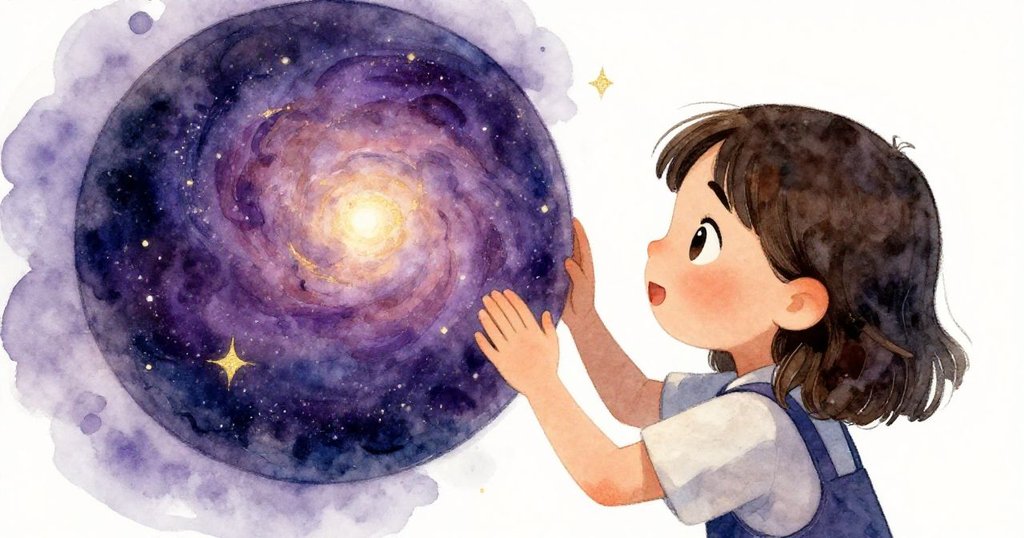 Maya 專注檢查紙球上流動星系圖案，眼中充滿驚奇與自豪，背景散發深紫與暗藍神秘光芒。