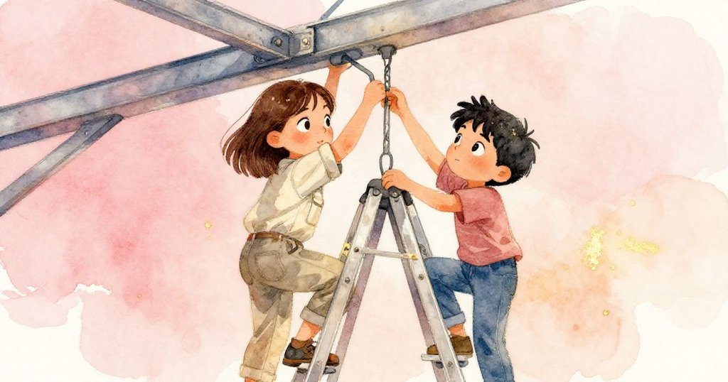 Ben 小心攀爬摺疊梯，Maya 協助扶持，鋼樑下動作緊湊，充滿堅毅與協作精神，暖光照耀。