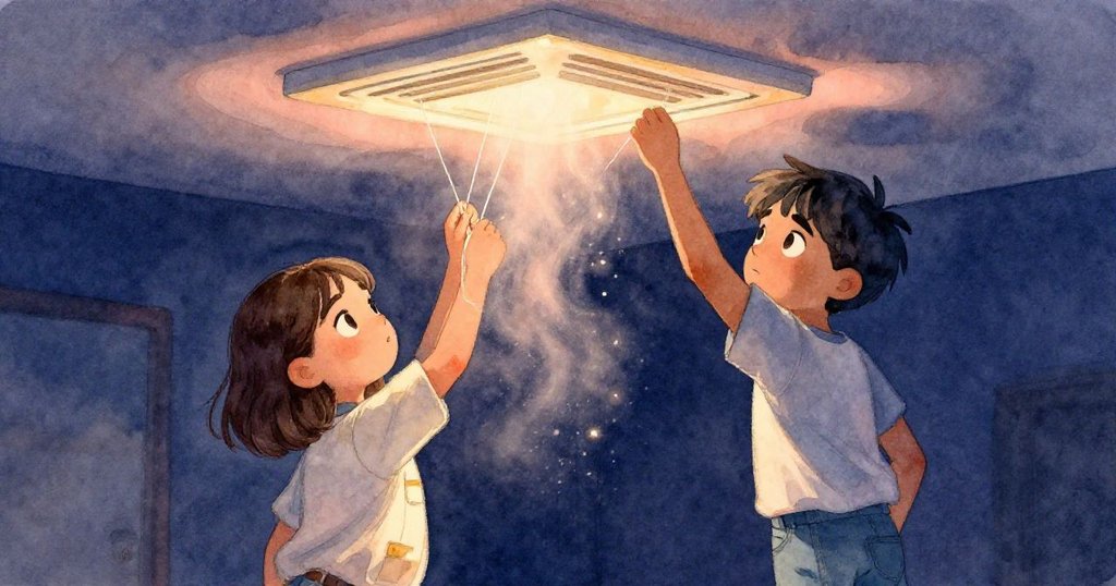 Maya 和 Ben 靠近通風口調整纖細線條，利用暖風吹拂穩定紙球，環境中飄落微塵，充滿魔幻與溫馨感。