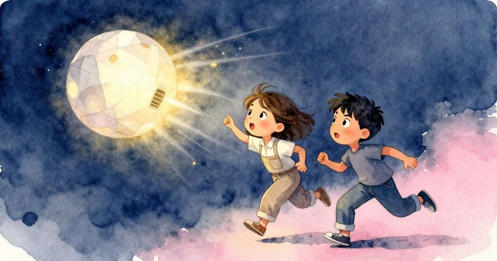 紙球受風輕輕漂浮，Maya 與 Ben 目光專注計數，動感軌跡與金色燈光交織，滿溢驚喜與喜悅。