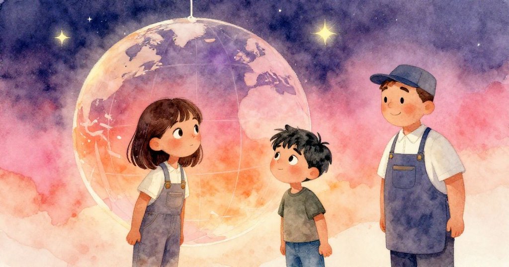 紙球穩懸呈星空狀，Maya 與 Ben 流露滿足笑容，清潔工在旁靜觀，室內光影交織展現魔幻與溫暖結局。