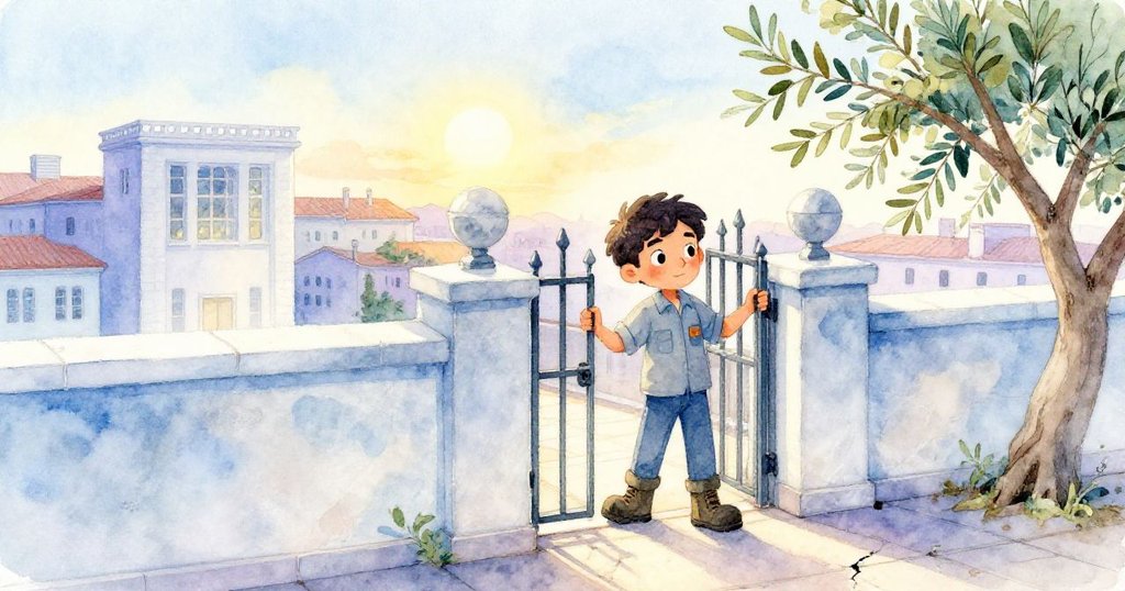 馬可走進社區博物館後的屋頂露台，夕陽灑下金光，臉上帶著期待，背景含裂瓦片與橄欖樹，充滿溫柔色調。