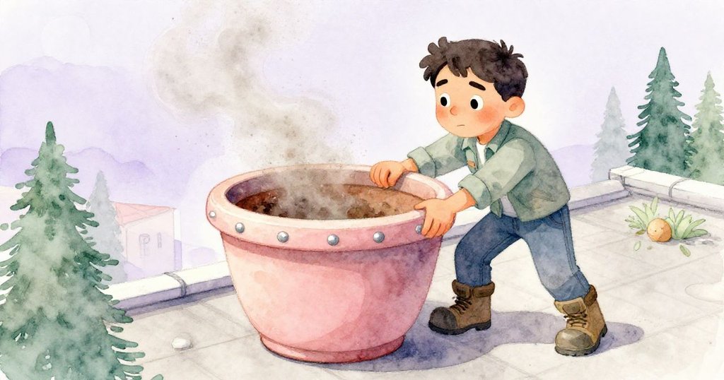 馬可用力拉動重植栽花盆，陶瓷邊在夕光中閃耀，塵土隨風飛揚，展現屋頂工作場景。