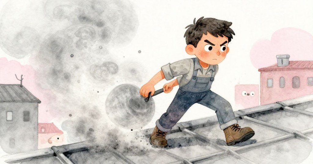 馬可堅定地推花盆，低角度展現他專注的臉龐與飛揚塵土，背光強調出肌肉輪廓與決心。