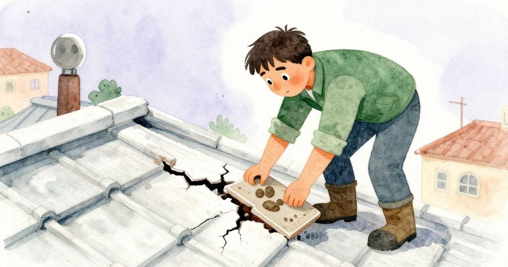 馬可彎腰撥開破碎瓷磚，牆上刻有歲月痕跡，温暖懷舊色彩中蘊含歷史故事。