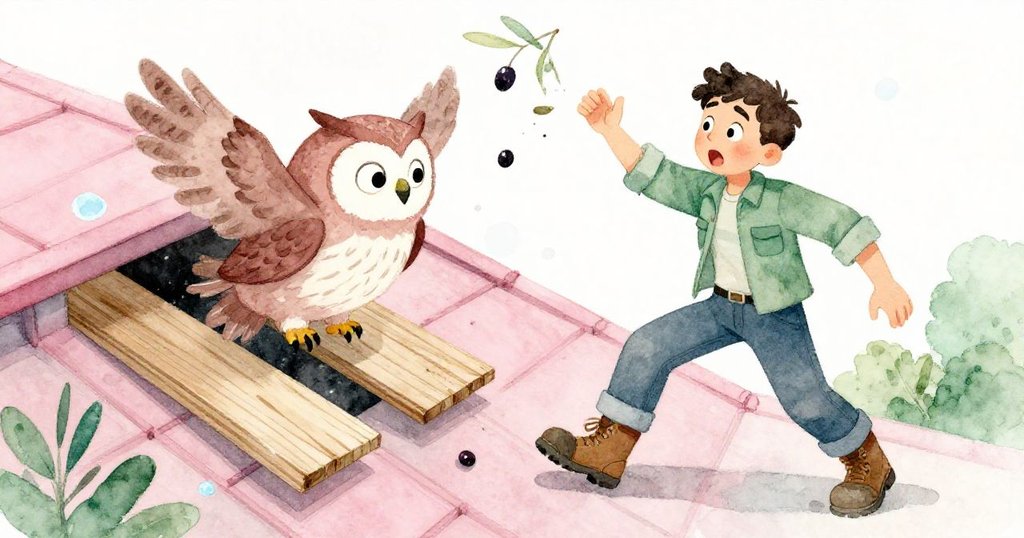 馬可驚訝地向後退，肩撞花盆，鴞從舊地板旁振翅衝出，橄欖散落，瞬間緊張氣氛激盪。