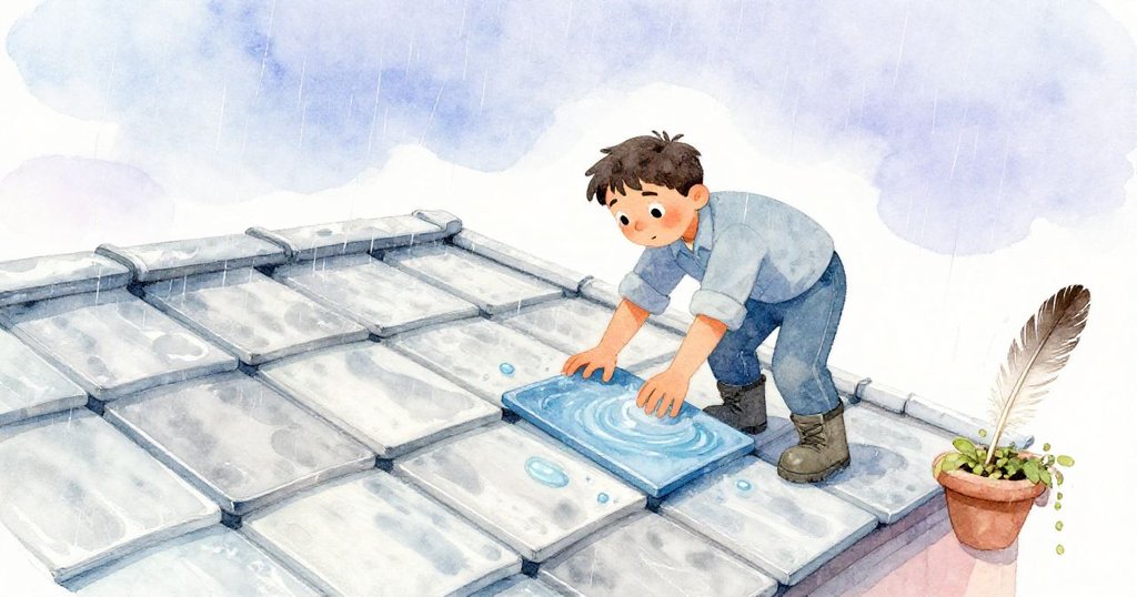 馬可平靜地敲入新瓷磚，柔雨緩降，水珠凝聚，花盆旁羽毛靜臥，展現解決與安穩結局。