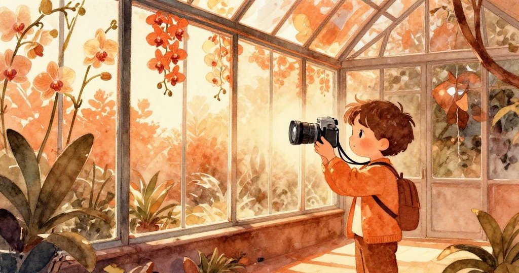 Pascal在玻璃房中舉著相機捕捉蘭花與自身倒影，斜陽灑下溫暖光線，臉上展現期待與專注的神情。