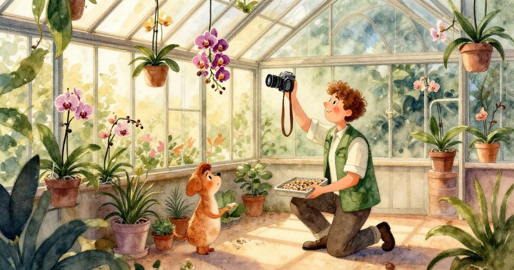 Pascal專注握著相機特寫，鏡頭上閃耀著水珠反射，背景隱約呈現玻璃房中的蘭花與柔和光影。