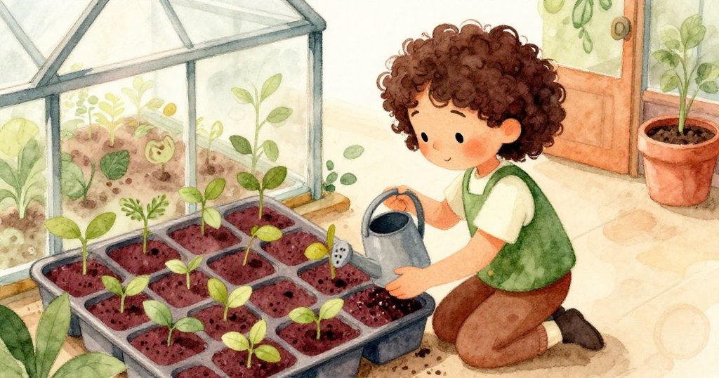 Mira在玻璃房中跪於幼苗托盤旁，從高處俯瞰，她專心貼標籤，夕陽灑落出溫暖金色光芒，神情柔和專注。