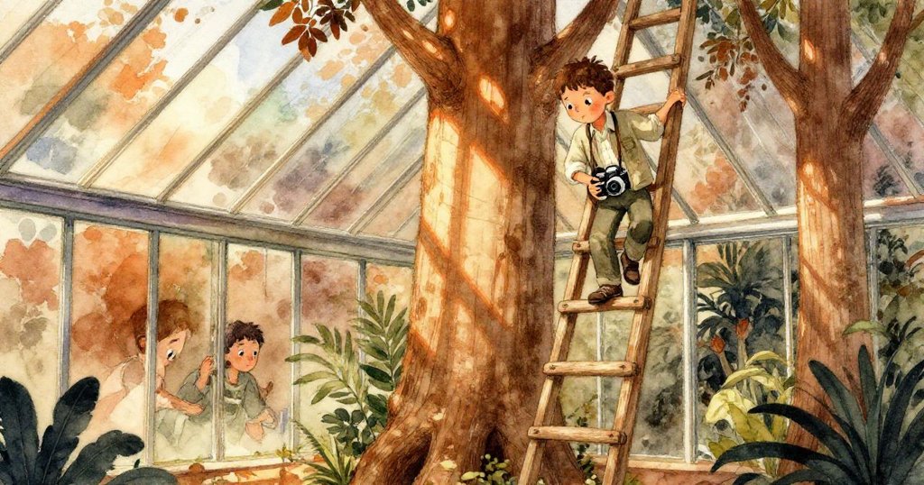 Pascal小心攀登木梯，玻璃房內樹蔭斑駁中，他專注測試每一階梯，身影映出黃昏柔和光影。