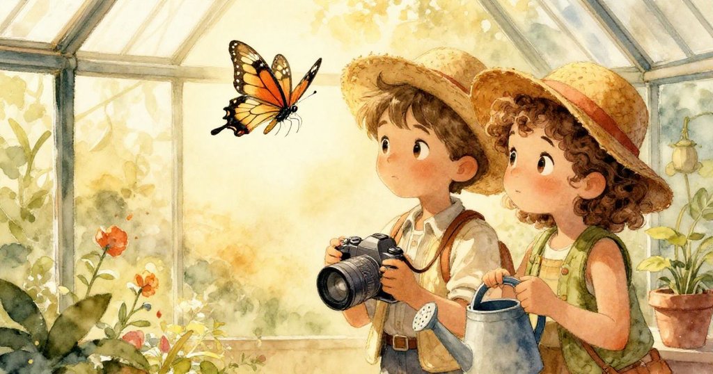 蝴蝶在Mira草帽與Pascal肩間穿梭，Pascal急伸手保護，Mira穩持澆水壺，玻璃房內散發出魔幻溫暖光芒。