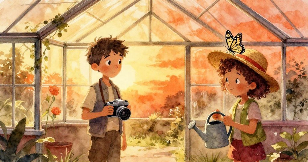 夕陽餘暉下，Pascal安穩站立，Mira微笑望向停在草帽上蝴蝶，玻璃房內散發溫暖寧靜的氛圍。