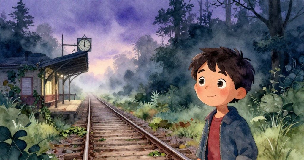 米洛拿著畫簿走在晨霧中的小橋上，遠處是破舊車站和覆滿青苔的環境，充滿期待與探索之情。