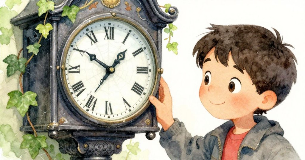 米洛停下腳步，伸手細看那顆裂痕斑斑、常年停滯的時鐘與長滿藤蔓的售票窗，感受過往印記。