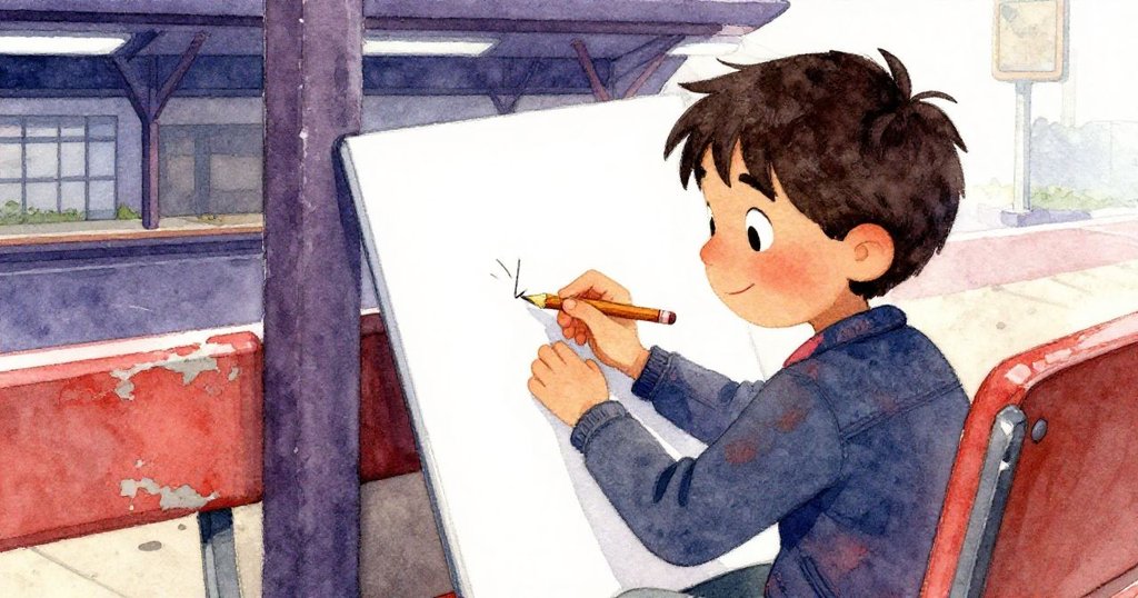 米洛坐在剝落油漆的長椅上，專注繪畫傾斜的信號桿，卻因鉛筆斷裂而流露驚訝與挫折，細節豐富。