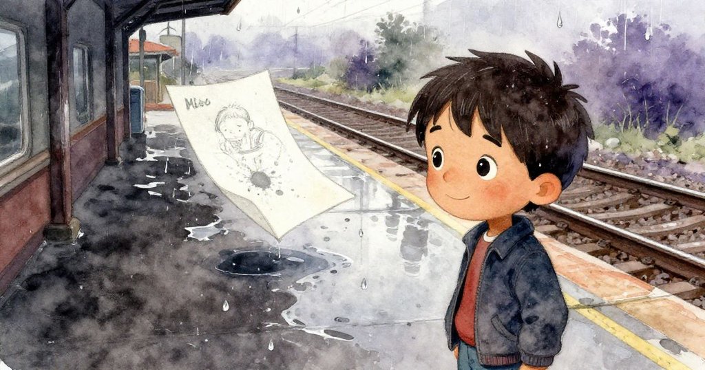 米洛的濕紙稿被微風翻起，落入水坑中擴散成墨痕，從高處俯視車站台面，氛圍略帶失落。