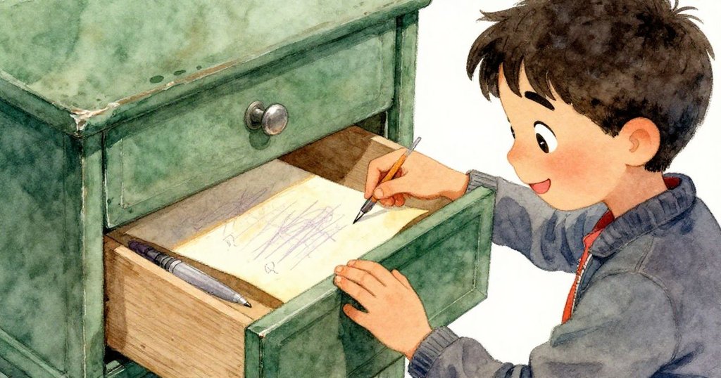 米洛小心打開殘破售票機下的抽屜，發現祖父筆跡的泛黃紙張，滿懷懷舊與決心，令人動容。