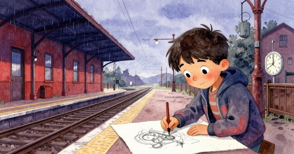 米洛站在漸停細雨的月台上，用炭筆完成心中畫面，融合懷舊與堅定，呈現出動人又溫暖的新篇章。