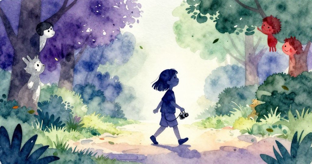 Tilly 穿著休閒服在公園小徑上走路,背景有飄舞的樹葉和樹木,臉上帶著期待的神情,展現故事開端。