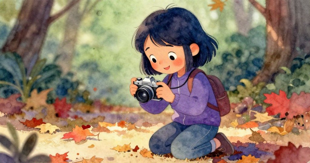 Tilly 膝跪在落葉旁,手中舉著小相機,專注且好奇,背景隱約見秋日公園,展現探索的開始。