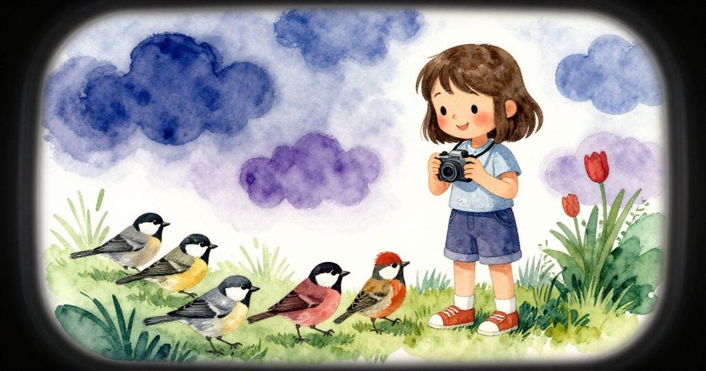 Tilly透過相機取景窗觀察鞋邊跳躍的麻雀,視角充滿驚喜與樂趣,背景有變幻的雲彩,展現故事發展。