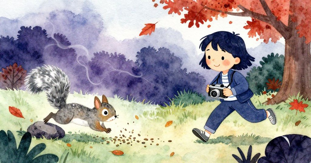 Tilly旁邊灑落三粒種子,一隻灰松鼠急速奔向種子,周遭落葉飛舞,呈現秋日動感與自然互動,故事發展至高潮。