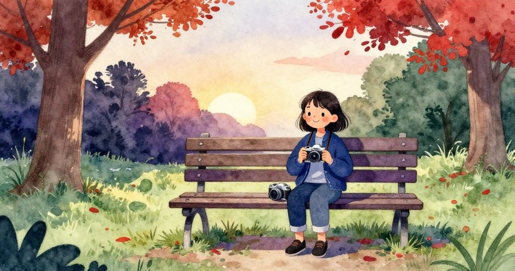 Tilly坐在寧靜公園長椅上,肩上掛著相機,夕陽映照著落葉與樹木,臉上洋溢著滿足與寧靜,結束故事。