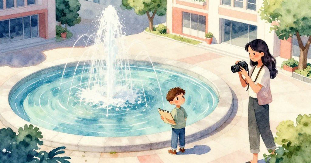 高空視角呈現廣場與噴泉,Milo與Lucia活躍操作物品,陽光灑下創造溫暖愉悅氛圍,展開故事起始。