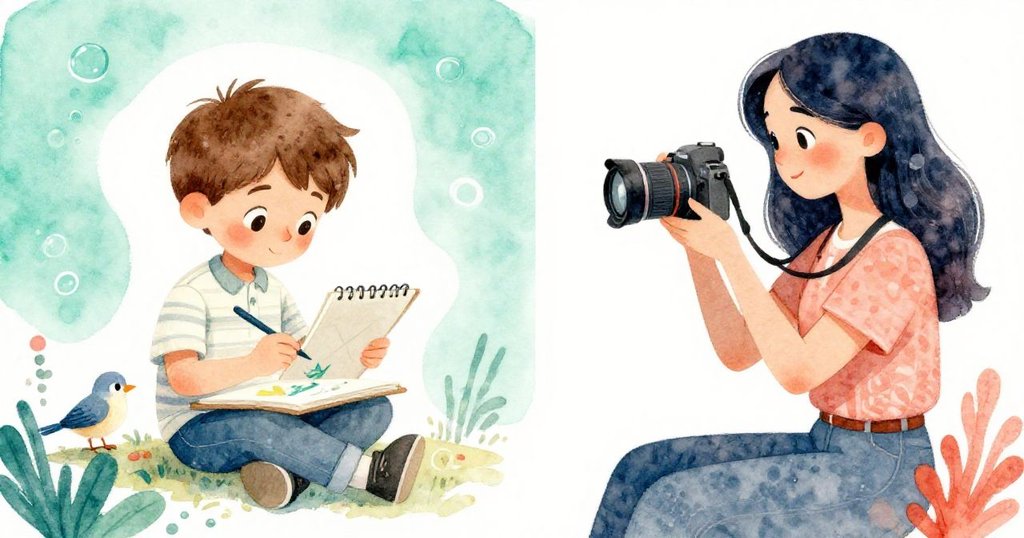 Milo專注於描繪草稿本左側細節,Lucia右側緊握相機捕捉瞬間,兩人互補展現創作動作與情感對比。