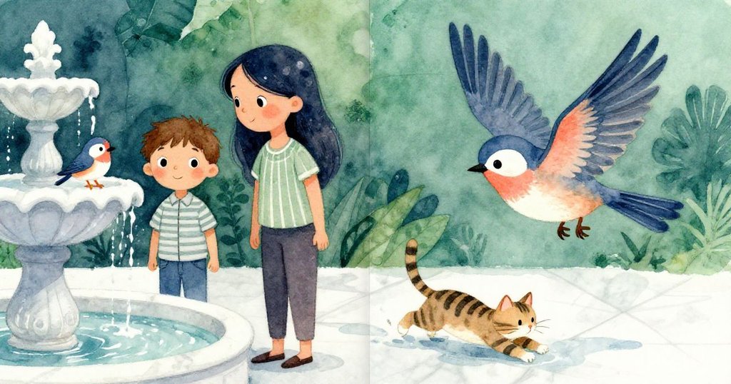 左側靜止小鳥與Milo、Lucia凝視瞬間,右側小鳥驟然振翅貓滑落,呈現意外轉折與動態驚喜。