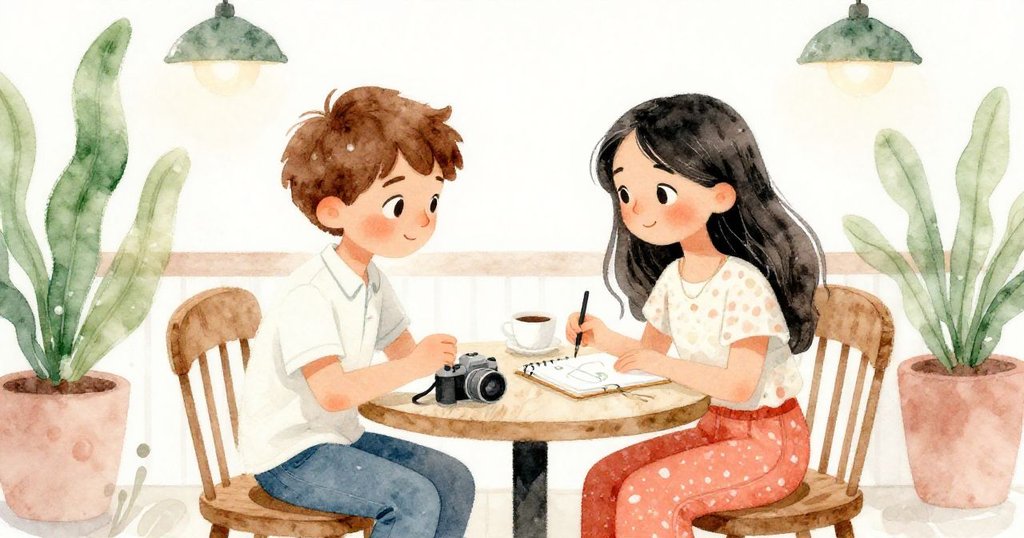 Milo與Lucia在溫馨咖啡館內交流創作,翻閱草稿本與照片,室內光線柔和營造內心寧靜。