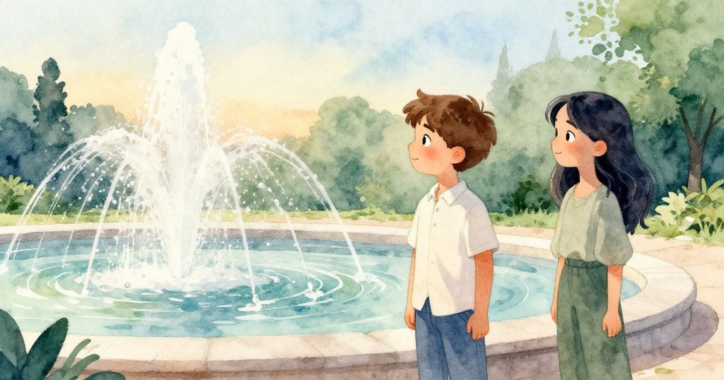 Milo與Lucia站在靜謐噴口前互望微笑,夕陽下水流輕逝,餘光中流露溫暖回憶與遺憾。