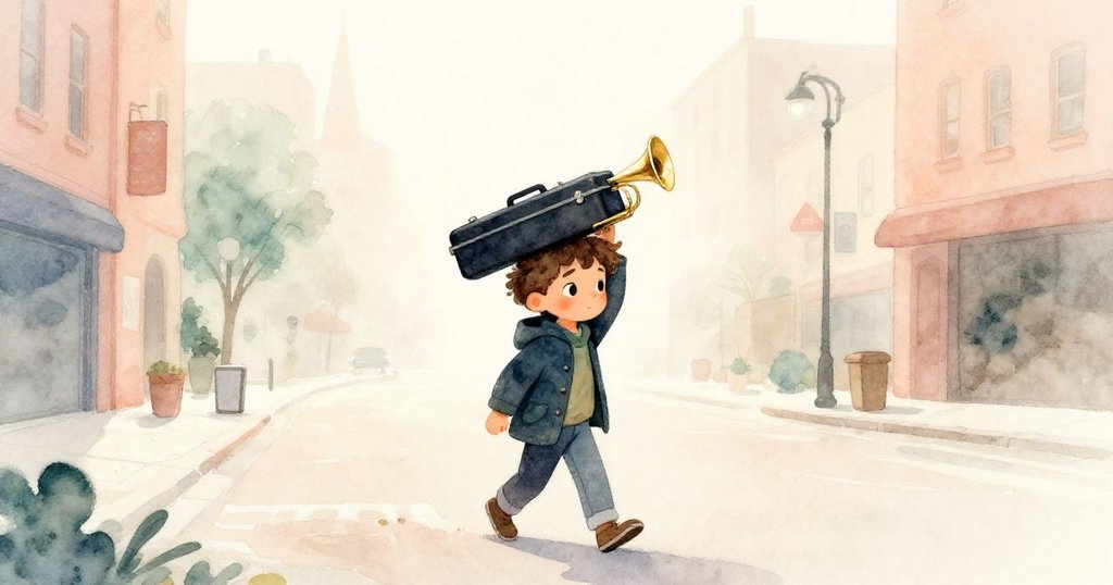 Leon在清晨的第五街上行走，手持喇叭箱，背景城市晨光微露，神情專注期待著接下來的活動。