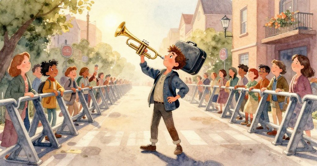 老人和攤販在街邊忙碌操作，氣球鮮豔點綴背景，Leon在遠處穿行，畫面充滿懷舊與活力。