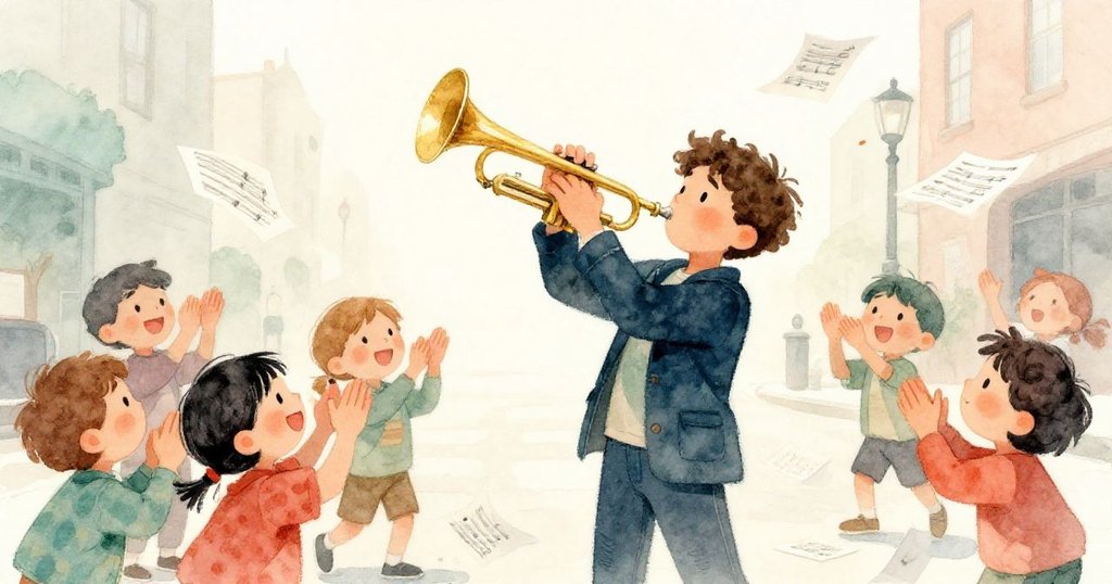 Leon在街邊試奏喇叭，孩子們圍繞拍手歡笑，樂譜隨風飄散，場景充滿歡樂與動感。