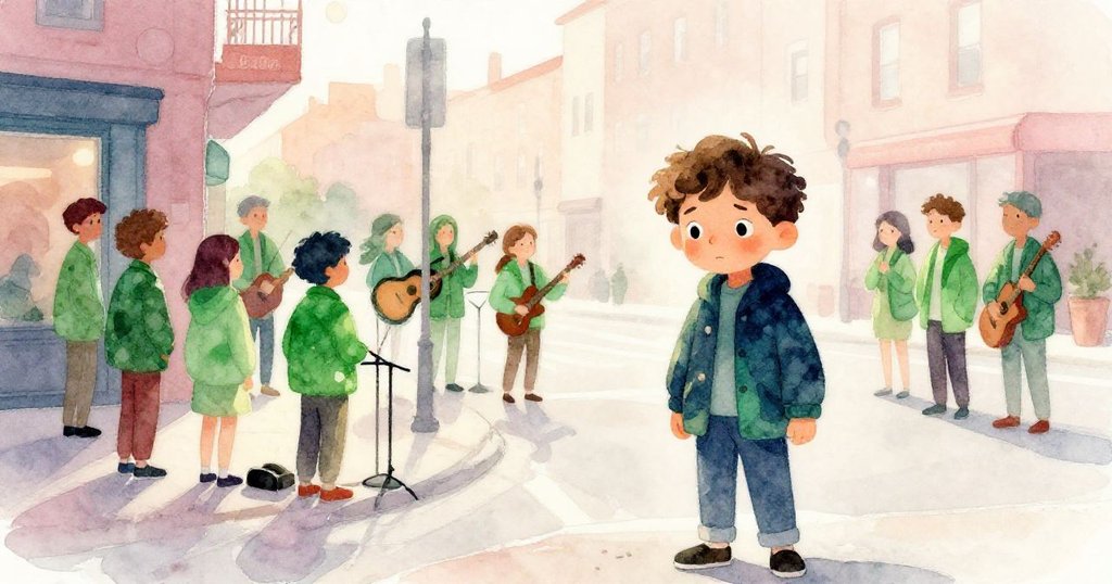 樂團成員穿著綠色夾克在轉角集合，初晨光線反射，Leon出現在前景，神情既緊張又期待。