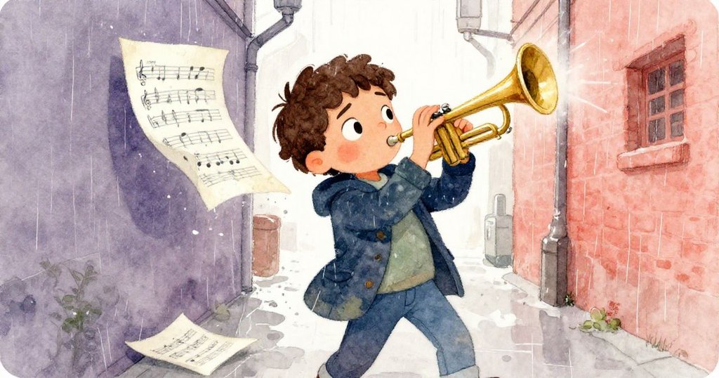 Leon在狹巷中急忙撿起濕透的樂譜，邊吹奏邊展現堅定表情，細雨中氛圍溫柔且充滿動感。