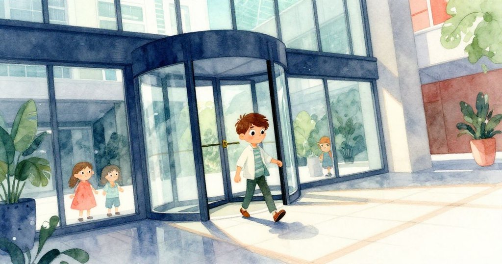 米洛踏進現代圓形門，玻璃拱頂與斜光交織成迷人景象，他動感前行，眼神充滿好奇。