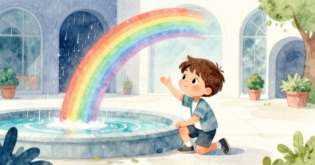 米洛蹲於噴泉旁，低角度捕捉水面雨虹與拱形反射，他陶醉於轉瞬美景中。