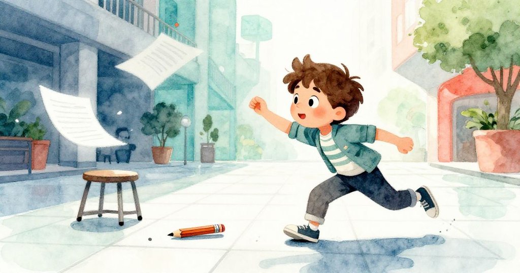 米洛動作迅速追趕滾動鉛筆，凳子搖晃，紙頁飛舞，場面充滿緊迫感與生動活力。