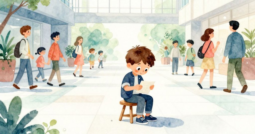 米洛滿意合上筆記本折疊凳子，微笑著與通勤人群重逢，夕陽餘輝中展現和諧與成就。