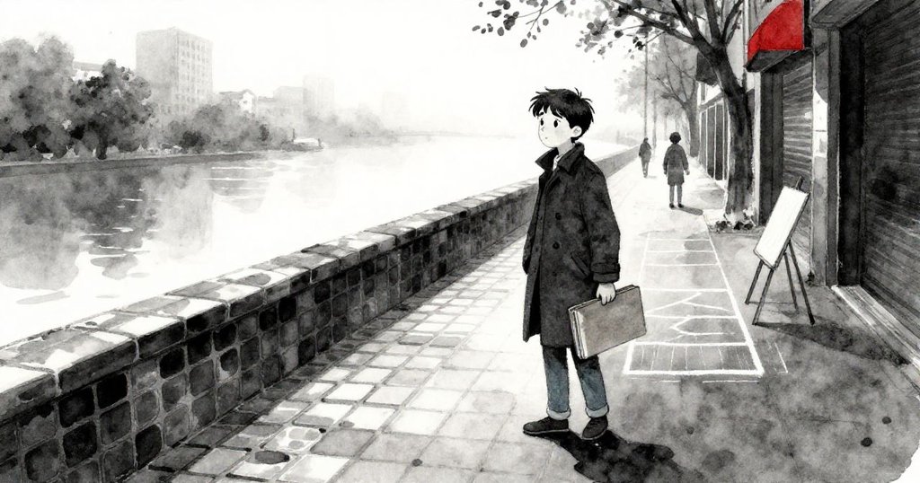 索倫手持文件夾在雨霧中的瓷磚拱橋上前行，背景中街頭畫家用粉筆繪出神秘線條，表情專注且充滿期待。