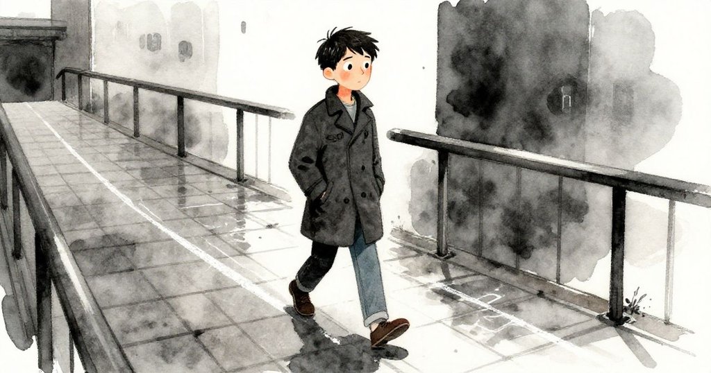 索倫在濕潤拱橋上側身躲避雨後衰減的粉筆線條，動作謹慎，環境中散發出濃郁城市氛圍。