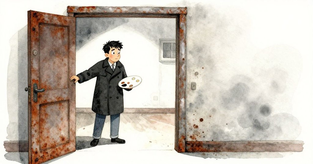 索倫用力推開生鏽木門，室內演員練習獨白，聲音輕揚回蕩，場景充滿懷舊都市氣息。