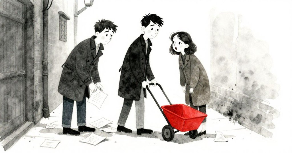 索倫與Mira在狹窄街角互相協助拾取散落紙張，輕放意外肖像，展現出默契與都市中溫暖認同。