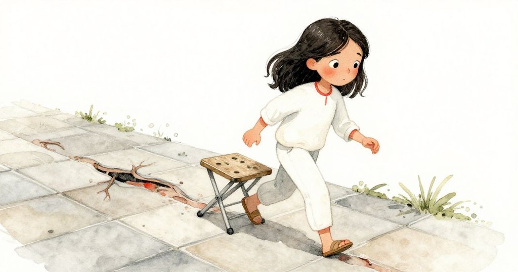 瑪莉絲穿著靴子沿著根脈隆起的破碎瓷磚前行，旁邊摺起的營椅隨步輕敲，展現穩重與思索。