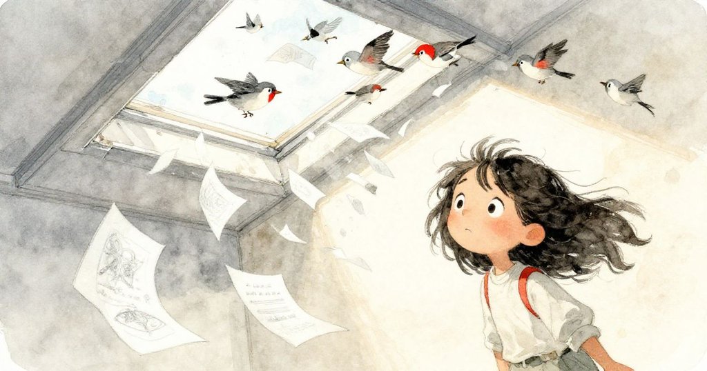 瑪莉絲驚訝注視破裂天窗透進急風，紙頁與鳥群以扭曲效果飛舞，營造出動感與意外情境。